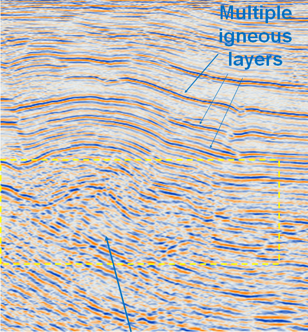 Image below igneous layers after PRAMA and amplitude preserving pre-stack depth migration